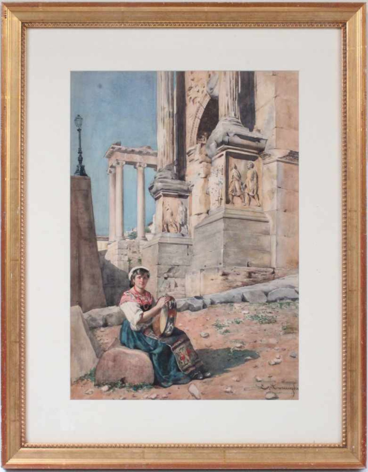 Tarenghi, Enrico. Rom 1848 - 1939.Junge, sitzende Römerin vor Tempelruinen. Aquarell auf Papier. - Bild 2 aus 2