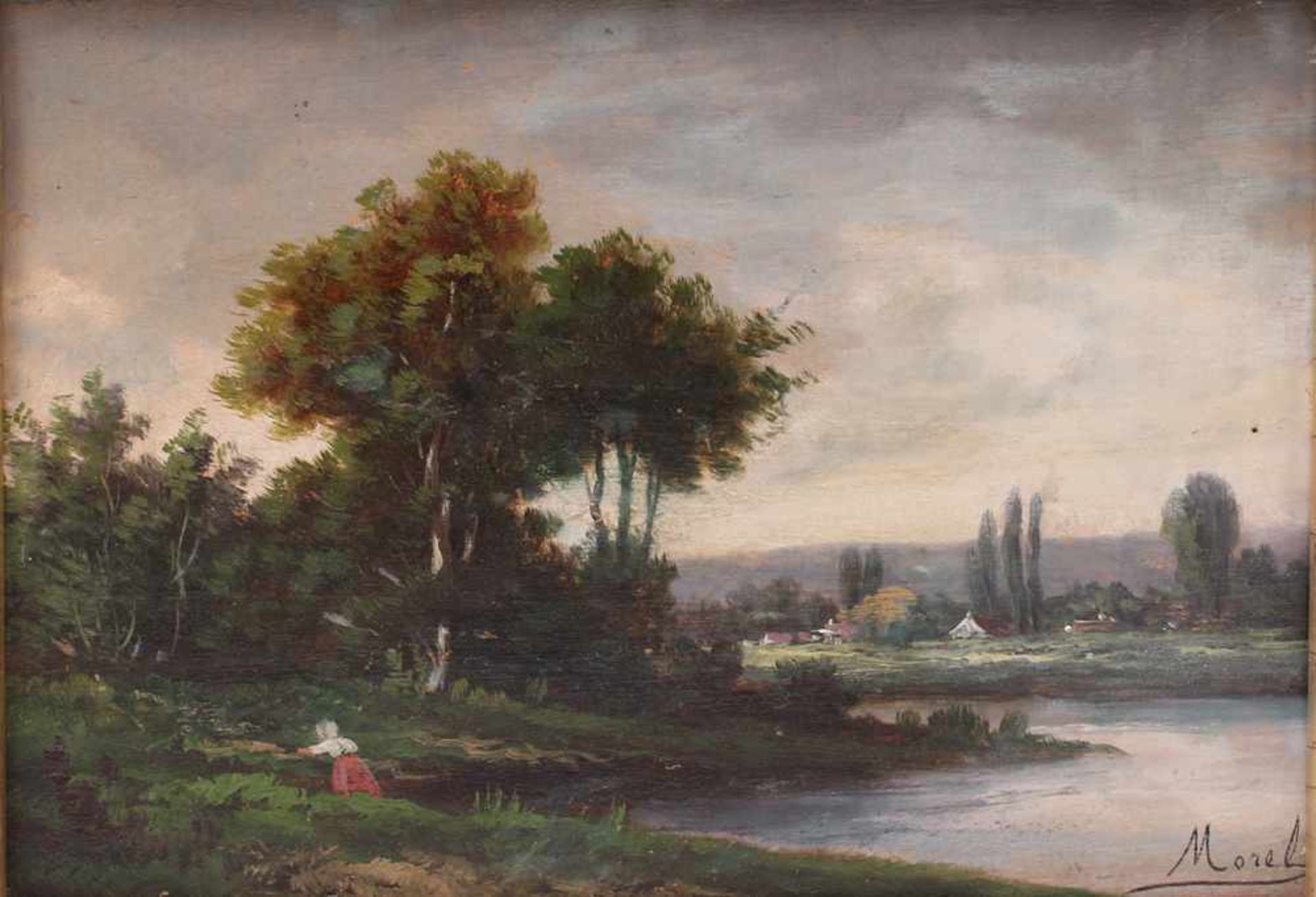 Morel, 19. Jh.Landschaft mit Fluss. Öl/ Holz. Rechts u. sign. H: 23,5 x 33 cm. Rahmen, Berliner