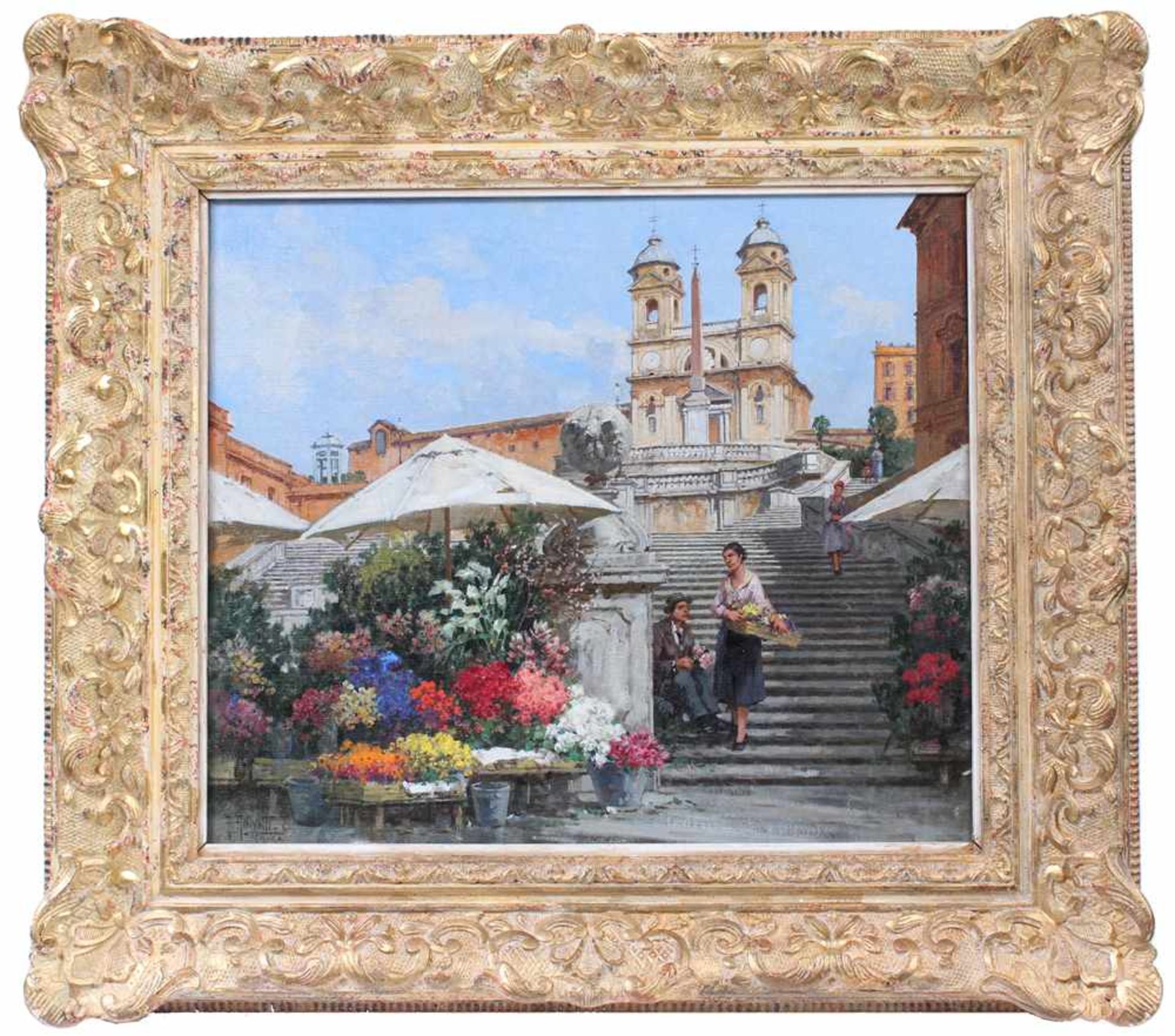 Aniritti, F. 20. Jh.Blumenstand an der Spanischen Treppe in Rom. Öl/Lwd. H: 40 x 44,5 cm. Rahmen. H: - Bild 2 aus 2