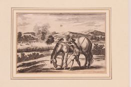 Schurtz. Nicolaus, Corn. Nürnberg, 18. Jh.Kupferstich, Jäger mit Pferd in Landschaft. Rechts. u.