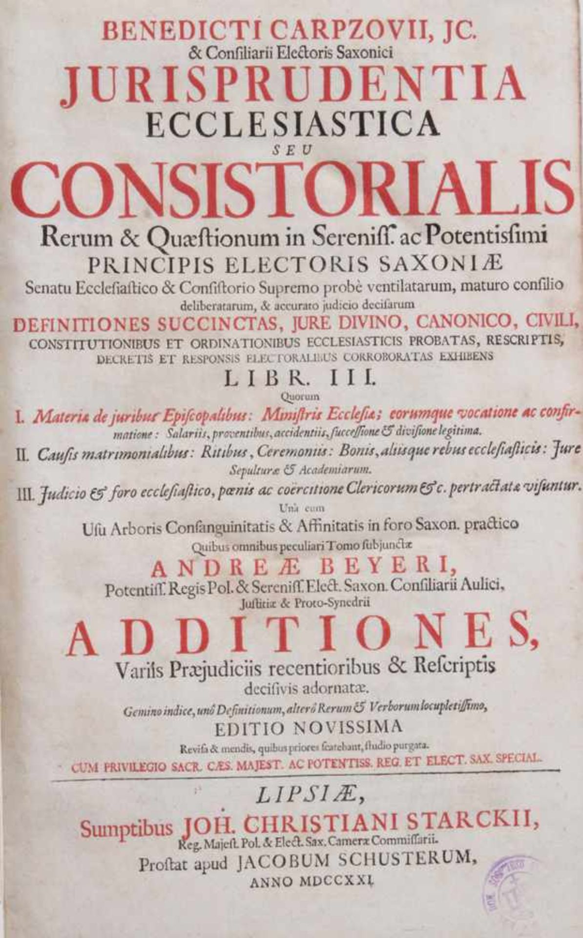 CarpzoVII, Benedicti.J. U. D. Definitiones Ecclesiasticae seu Consistoriales, una cum Additionibus