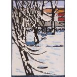 Ben Kaum. 20. Jh.Gouache " Garten im Schnee" sign. und dat. Dazu Zeichnung "Früchte von morgen".