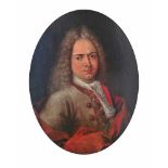 Herrenportrait 18. Jh.Ovales Portrait eines Herrn mit Allongeperücke und rotem Umhang. Öl/Lwd. H: 69