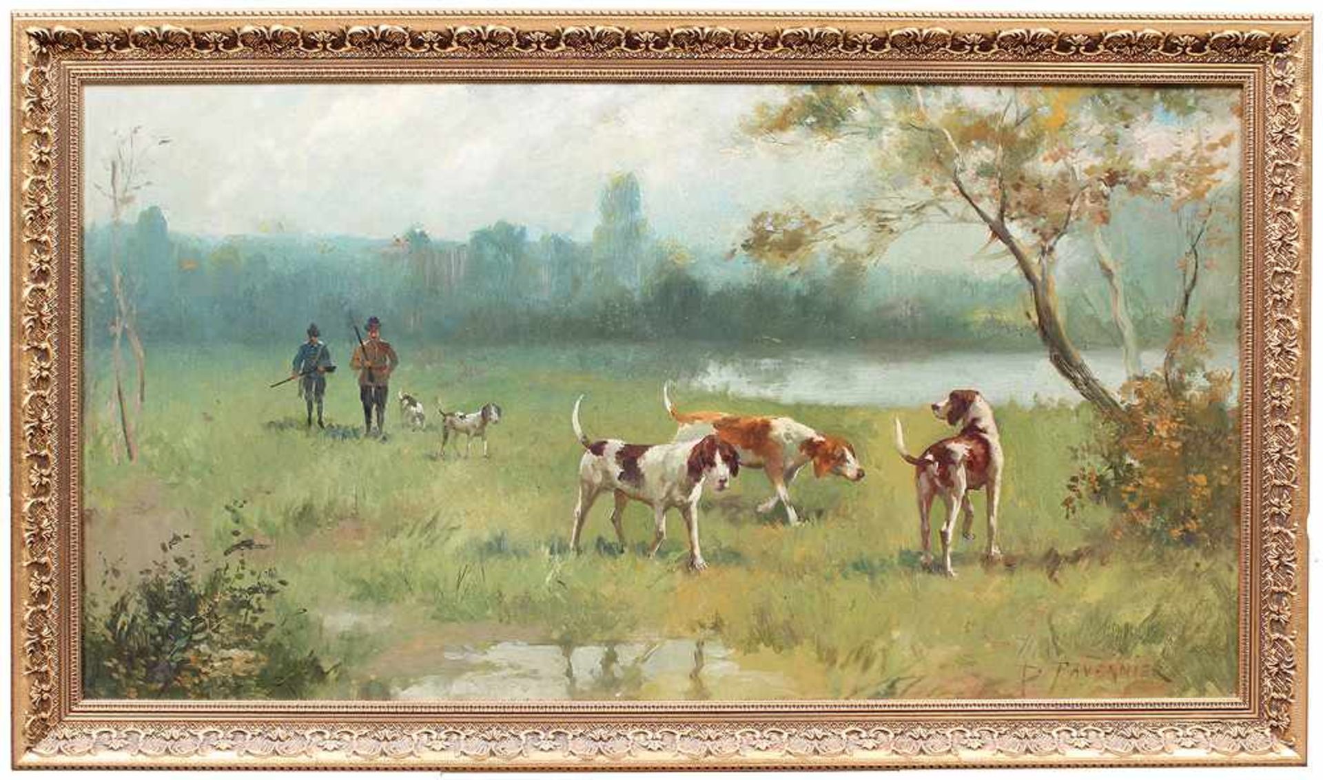 Tavernier, Paul. 1852 - 1952.Jäger mit Hunden in weiter Landschaft. Öl/Lwd. Rechts u. sign. H: 47, - Bild 2 aus 2