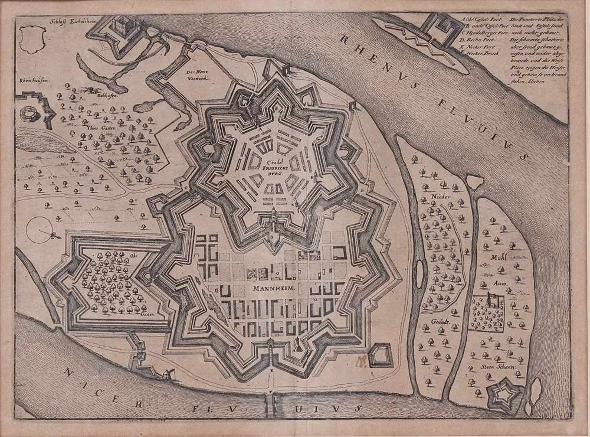 Mannheim. 17. Jh.Befestigungsgrundriß der Stadt m. Schloß Friedrichsburg. Kupferstich von M. Merian.