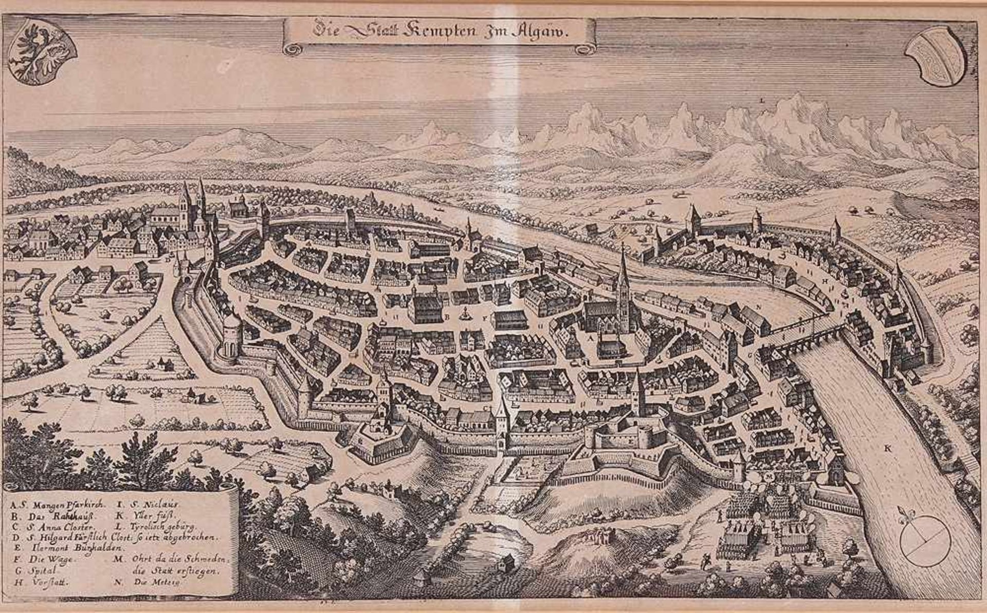 Drei Kupferstiche. 17./18. Jh.Ansichten von Kempten, Wasserburg und Dillingen. "Die Statt Kempten im