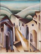 Kranich, Brigitte. Bublitz 1933 -.Zwei Gemälde. Titel. "Die alte Stadt am Meer", "Gelbe Landschaft".
