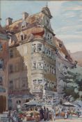 Ermer, Franz. 20. Jh.Aquarell. Marktszene. Links u. sign. und dat. " 1914" Passepartout, unter Glas.