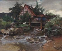 Fehr, Carl. Nürnberg 1866-1919 Neuenstein, Öhringen.Bäuerliches Gehöft am Fluss. Öl/Lwd. Rechts u.