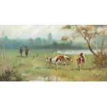 Tavernier, Paul. 1852 - 1952.Jäger mit Hunden in weiter Landschaft. Öl/Lwd. Rechts u. sign. H: 47,