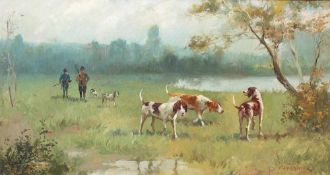 Tavernier, Paul. 1852 - 1952.Jäger mit Hunden in weiter Landschaft. Öl/Lwd. Rechts u. sign. H: 47,