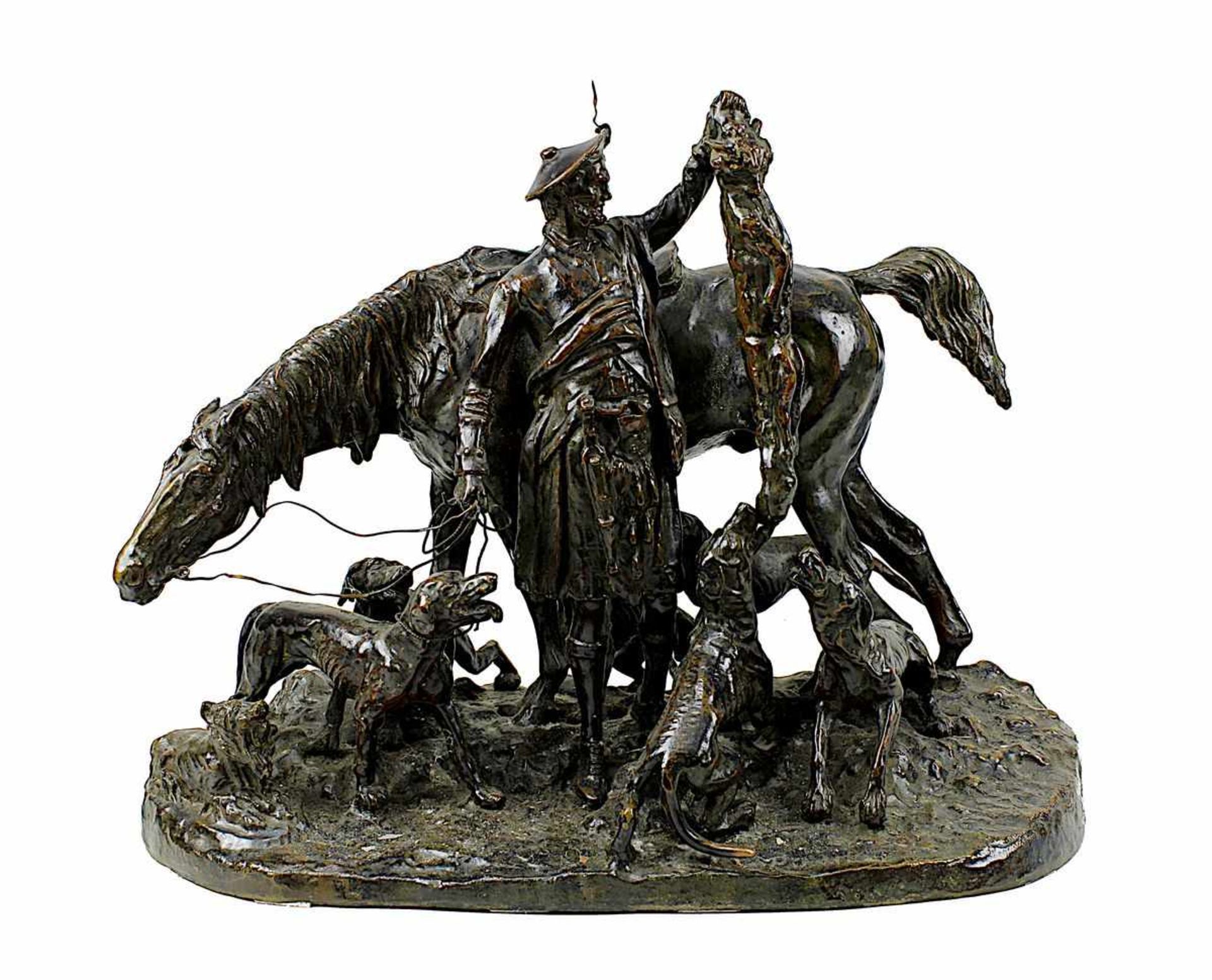 Mène, Pierre Jules (Paris 1810-1879), Bronze-Figurengruppe Ende der Fuchsjagd, Schottischer
