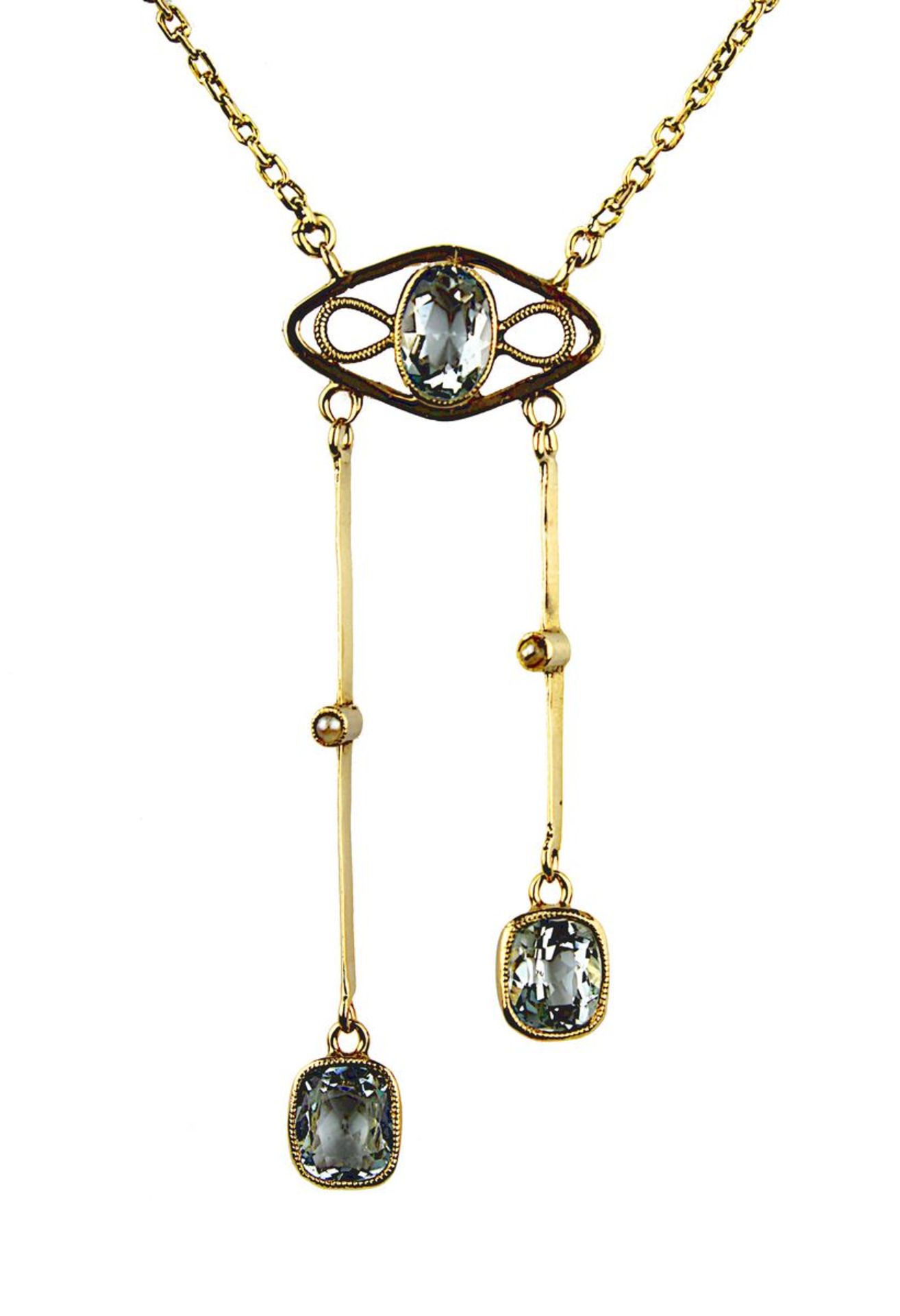 Jugendstil-Collier mit Aquamarinen, um 1910, 18 kt Gelbgold mit nachträglichem 585