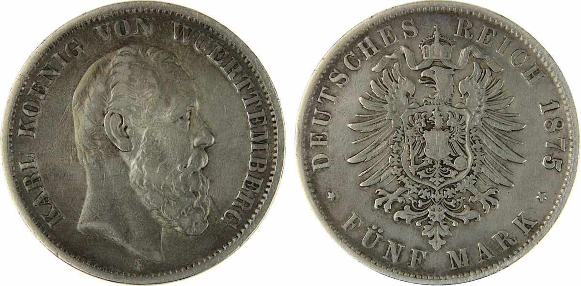 5 Mark 1875 F König Karl von Württemberg, Silber, sehr schöner Zustand, D 3,8 cm, Gewicht 27,43 g.