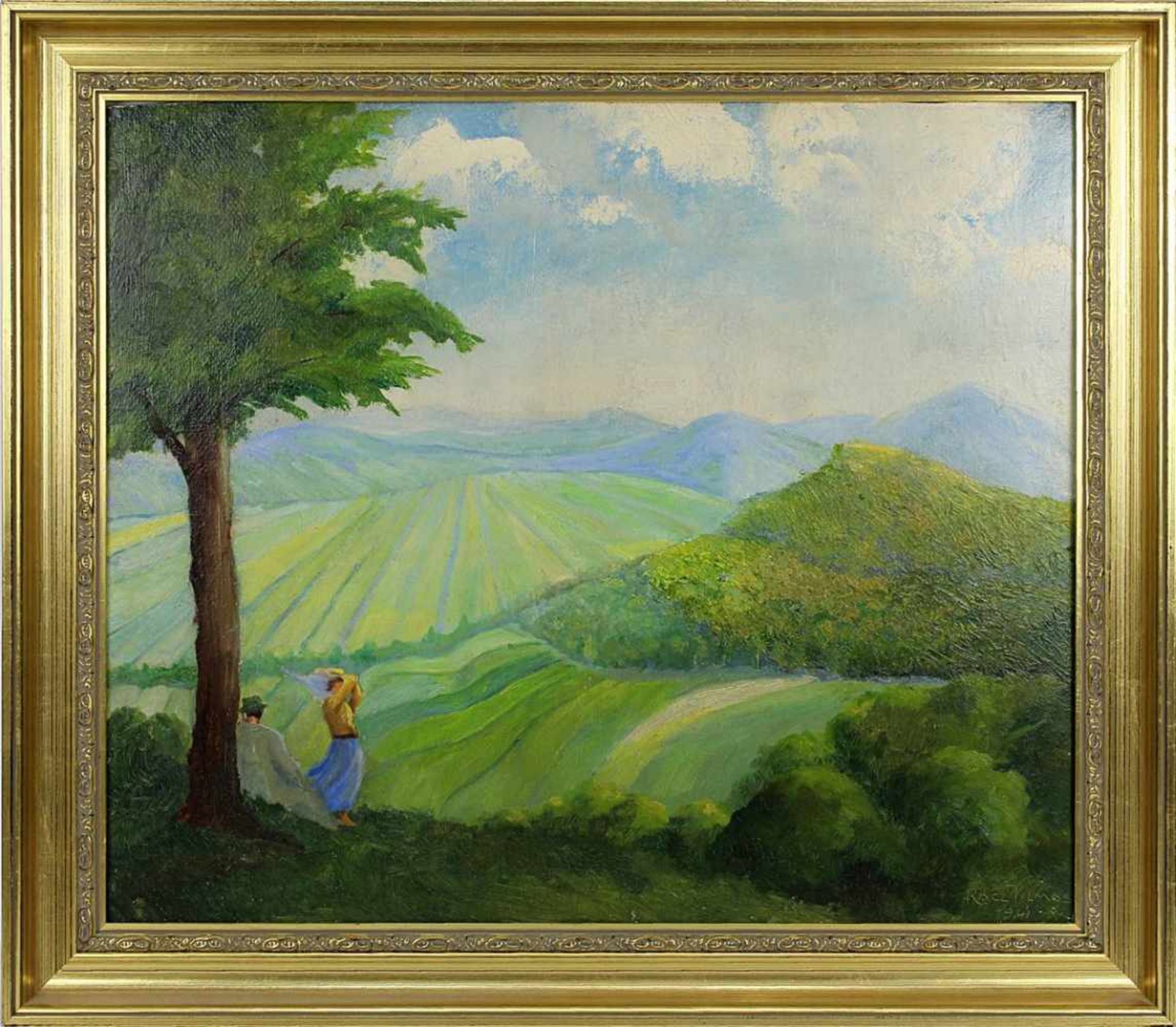 Rácz, Vilmos (ungarischer Maler, Mitte 20.Jh.), Paar in hügeliger Felderlandschaft, Öl/Karton, re.