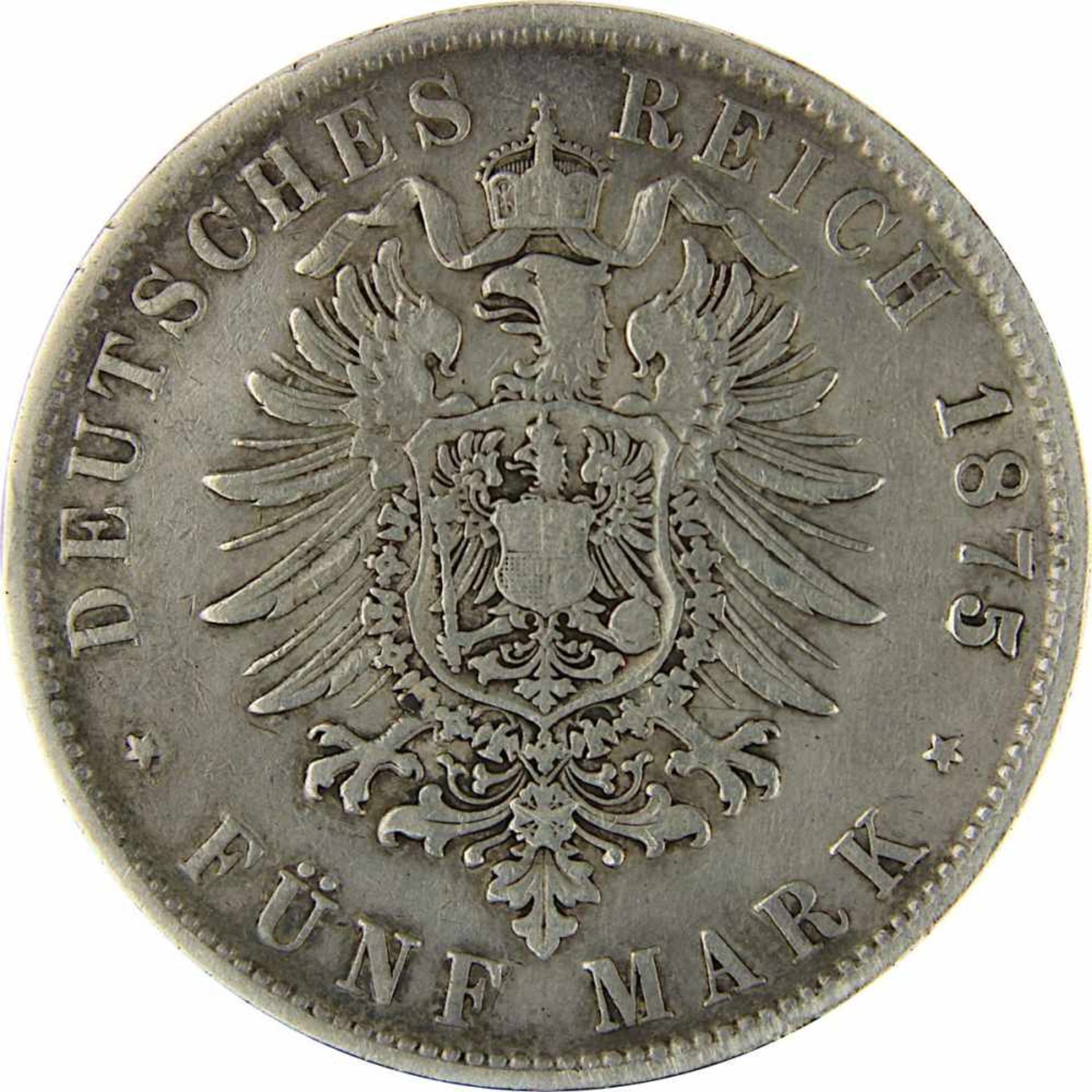 5 Mark 1875 F König Karl von Württemberg, Silber, sehr schöner Zustand, D 3,8 cm, Gewicht 27,43 g. - Bild 3 aus 3