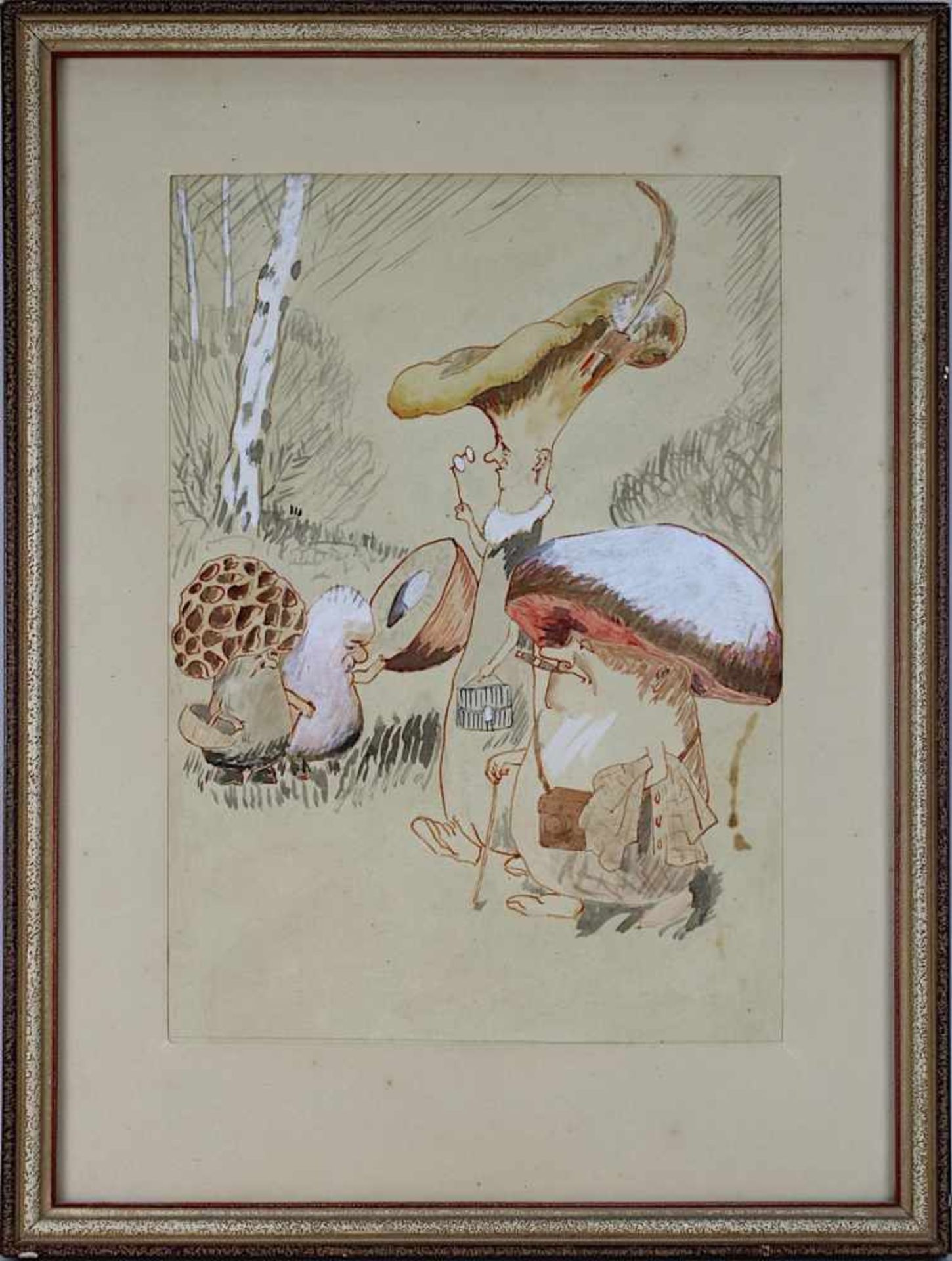 Zeichner 1. H. 20. Jh., lustige Pilzgesellschaft, Aquarell, teils weiß gehöht, 27,5 x 19,5 cm (