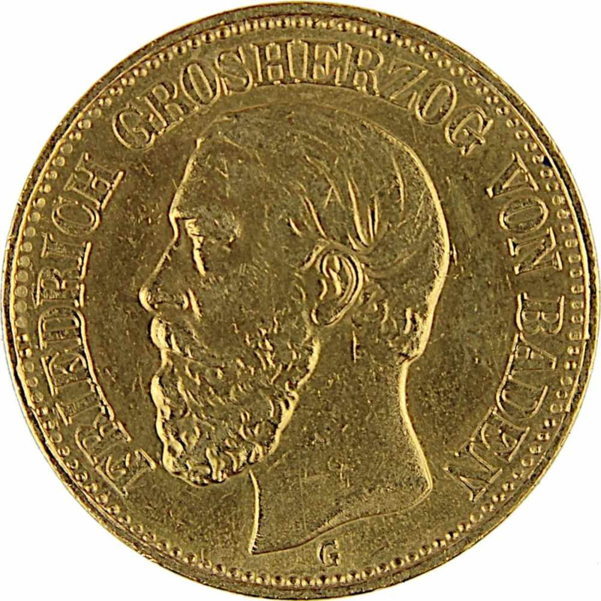 Goldmünze zu 20 Mark, Deutsches Reich - Baden 1872, G für Karlsruhe, 900er Gold, 7,9 g, Friedrich - Bild 2 aus 3