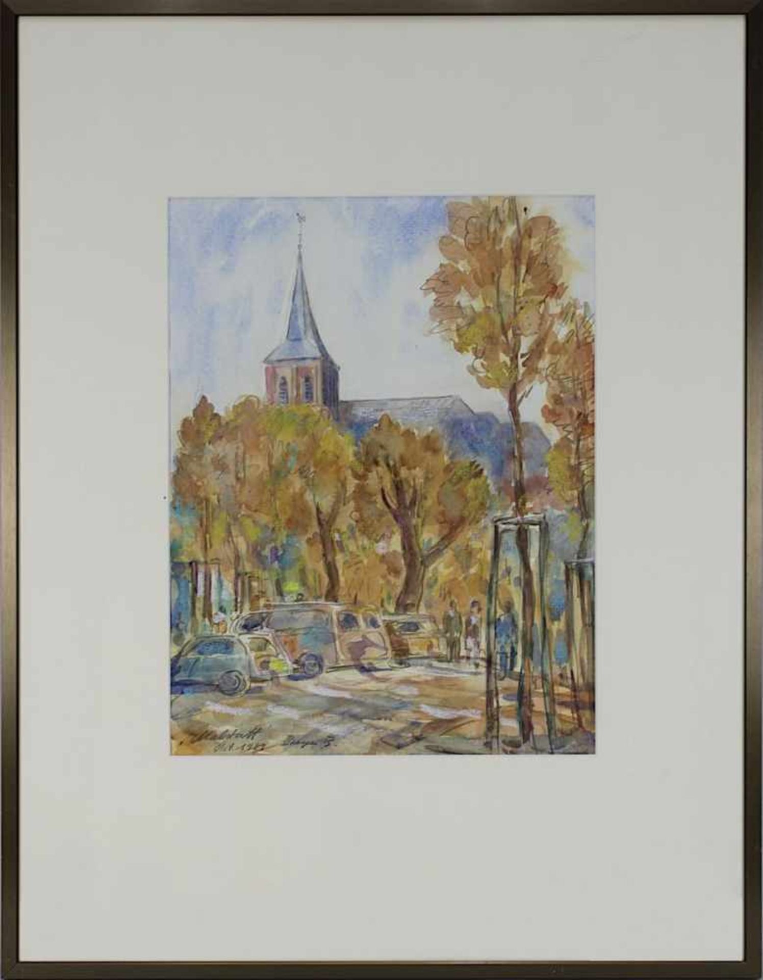 Breyer, Benno (Ommersheim 1939 - 2013 Ommersheim), "Malstadt" - Blick über Autos und Bäume auf die
