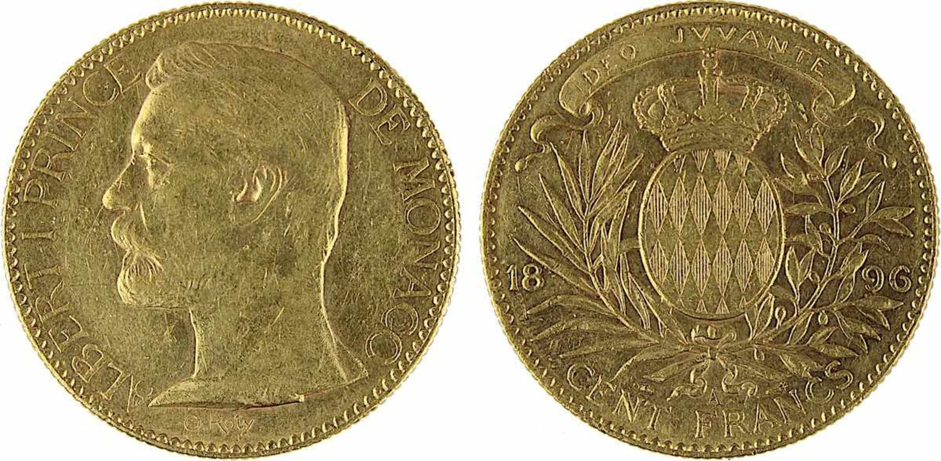 Goldmünze zu 100 Francs, Monaco 1896, A, 900er Gold, 32,2 g, Durchmesser 35 mm, Erhaltung sehr schön