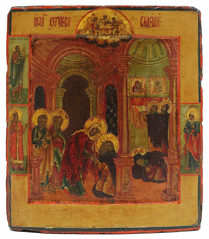 Ikone, Die Gottesmutter erscheint dem Heiligen Sergius von Radonesch, Russland 19. Jh., Tempera