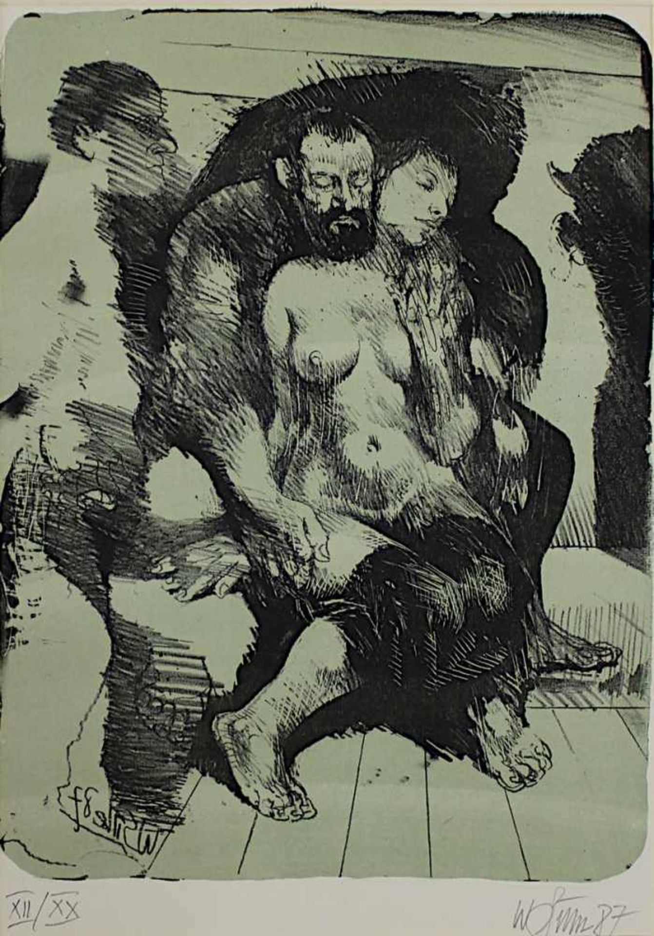 Sitte, Willi ( Kratzau 1921 - 2013 Halle ) Liebespaar mit Tuch, Lithographie mit grüner Tonplatte, - Bild 2 aus 2