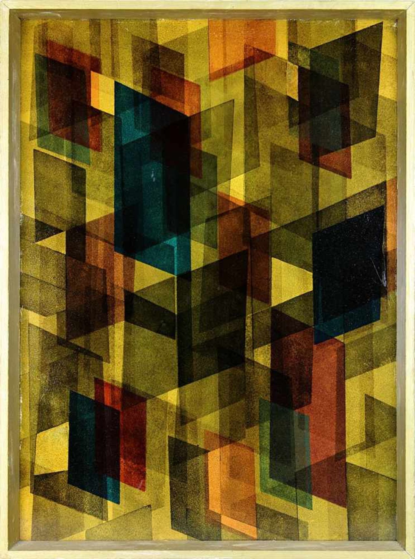Konstruktivistisches Gemälde, deutsch um 1950, Öl auf Hartfaserplatte, dünne Ölfarbe mit