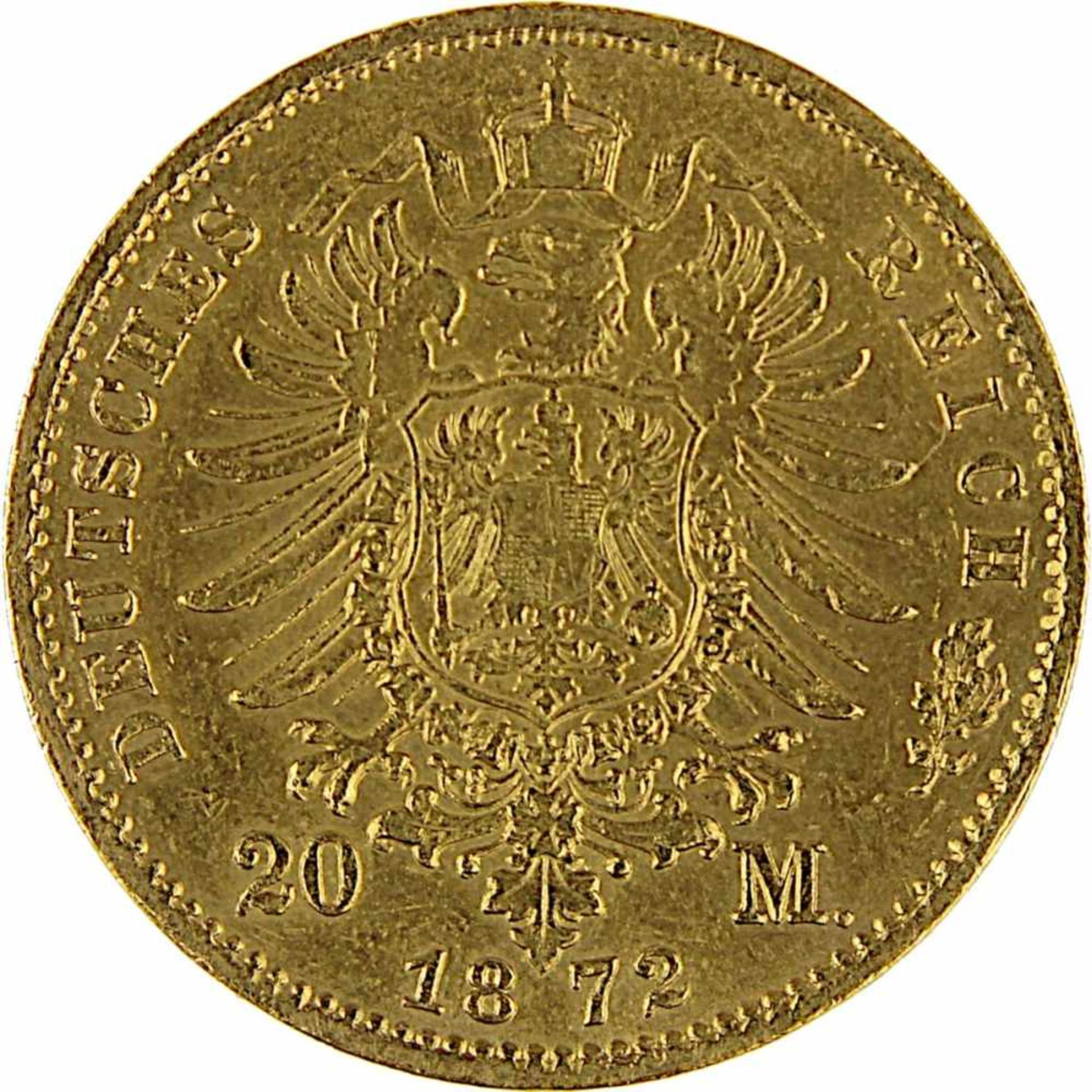 Goldmünze zu 20 Mark, Deutsches Reich - Baden 1872, G für Karlsruhe, 900er Gold, 7,9 g, Friedrich - Bild 3 aus 3