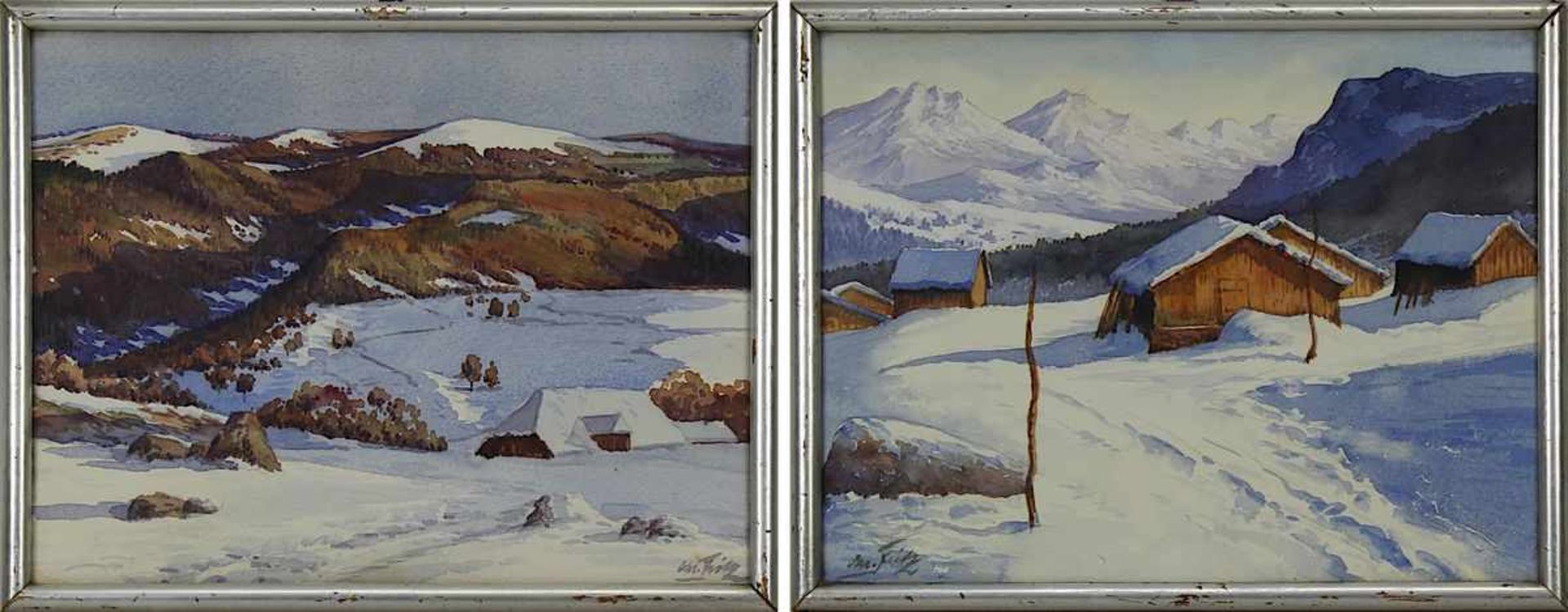 Fritz, M. (deutscher Aquarellist, 1.Drittel 20.Jh), Zwei alpine Winterlandschaften, Aquarell,