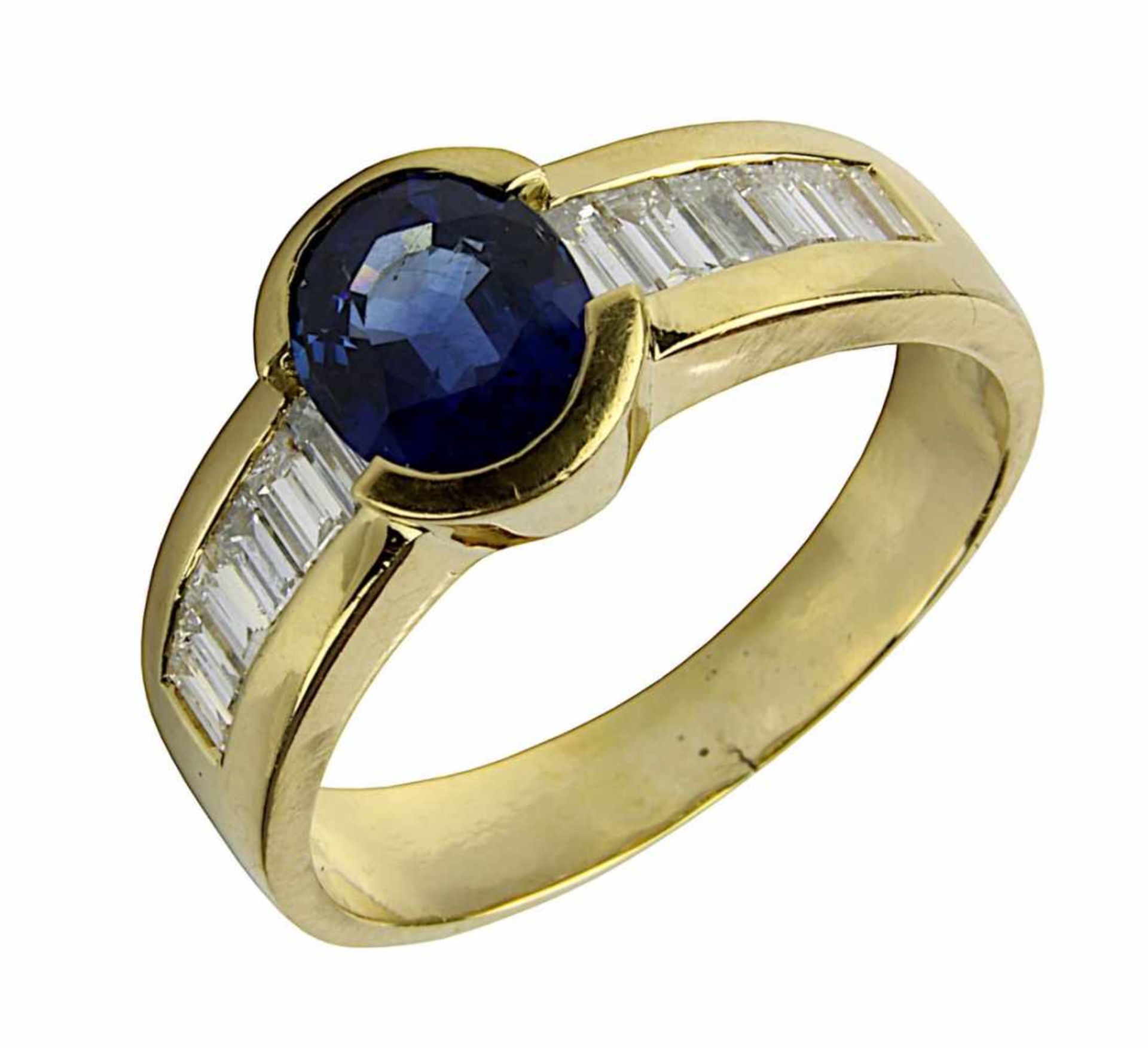 Gelbgold-Saphir-Diamant-Baguette-Ring, handgefertigte 750er Ringschiene mit zentral gefasster