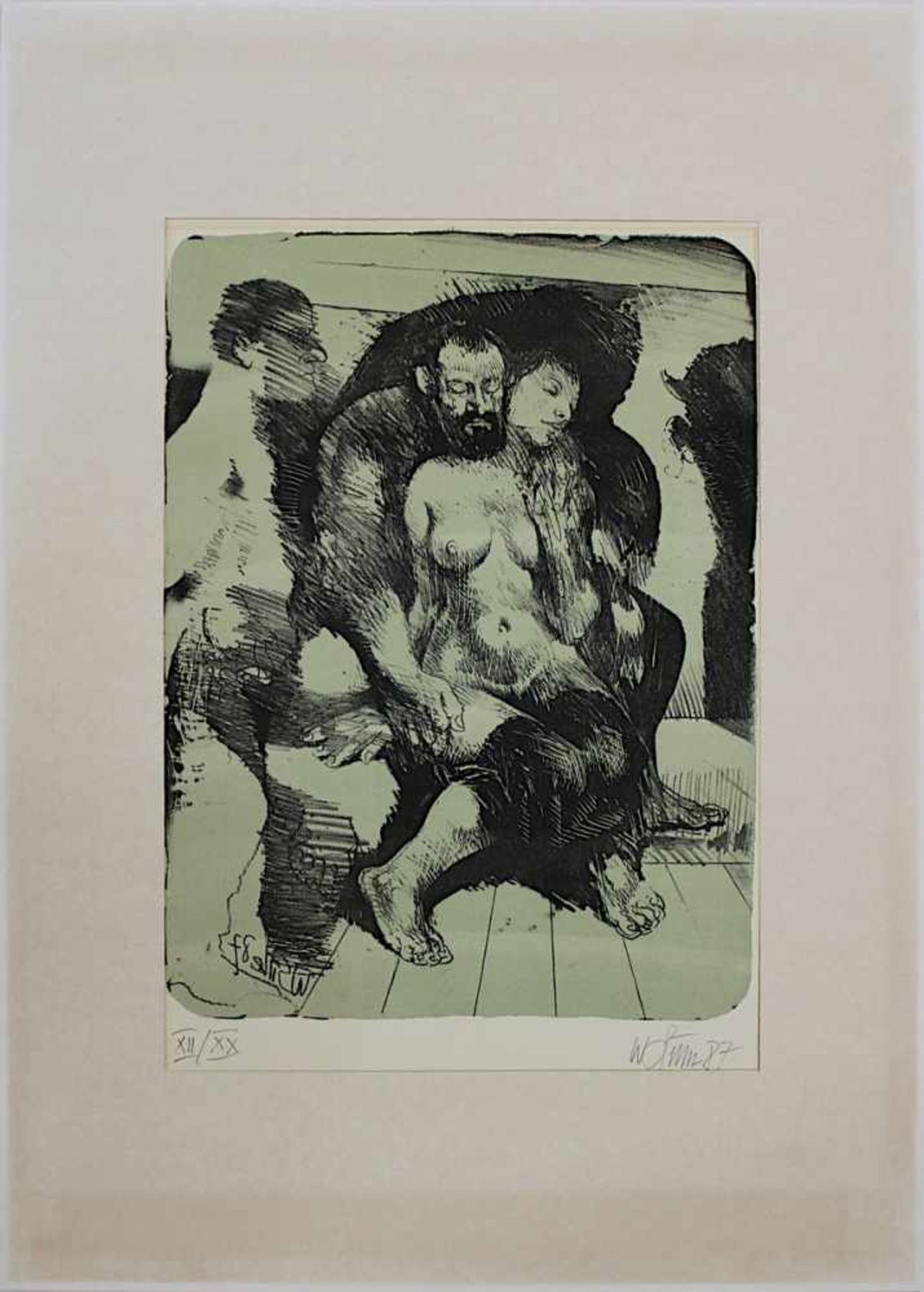 Sitte, Willi ( Kratzau 1921 - 2013 Halle ) Liebespaar mit Tuch, Lithographie mit grüner Tonplatte,