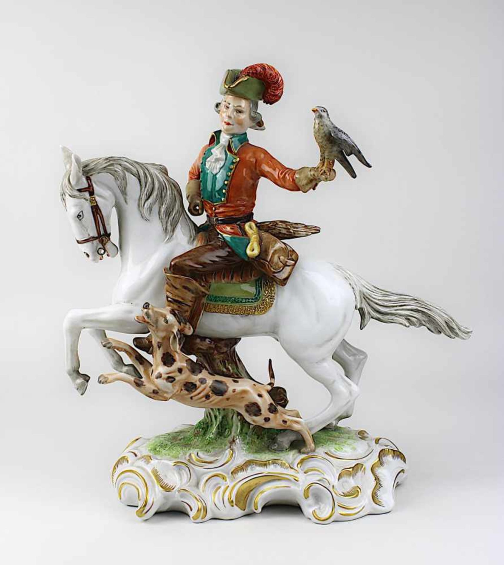 Falkner zu Pferde, Porzellanfigurengruppe Unterweissbach 2. Hälfte 20. Jh., farbig und gold