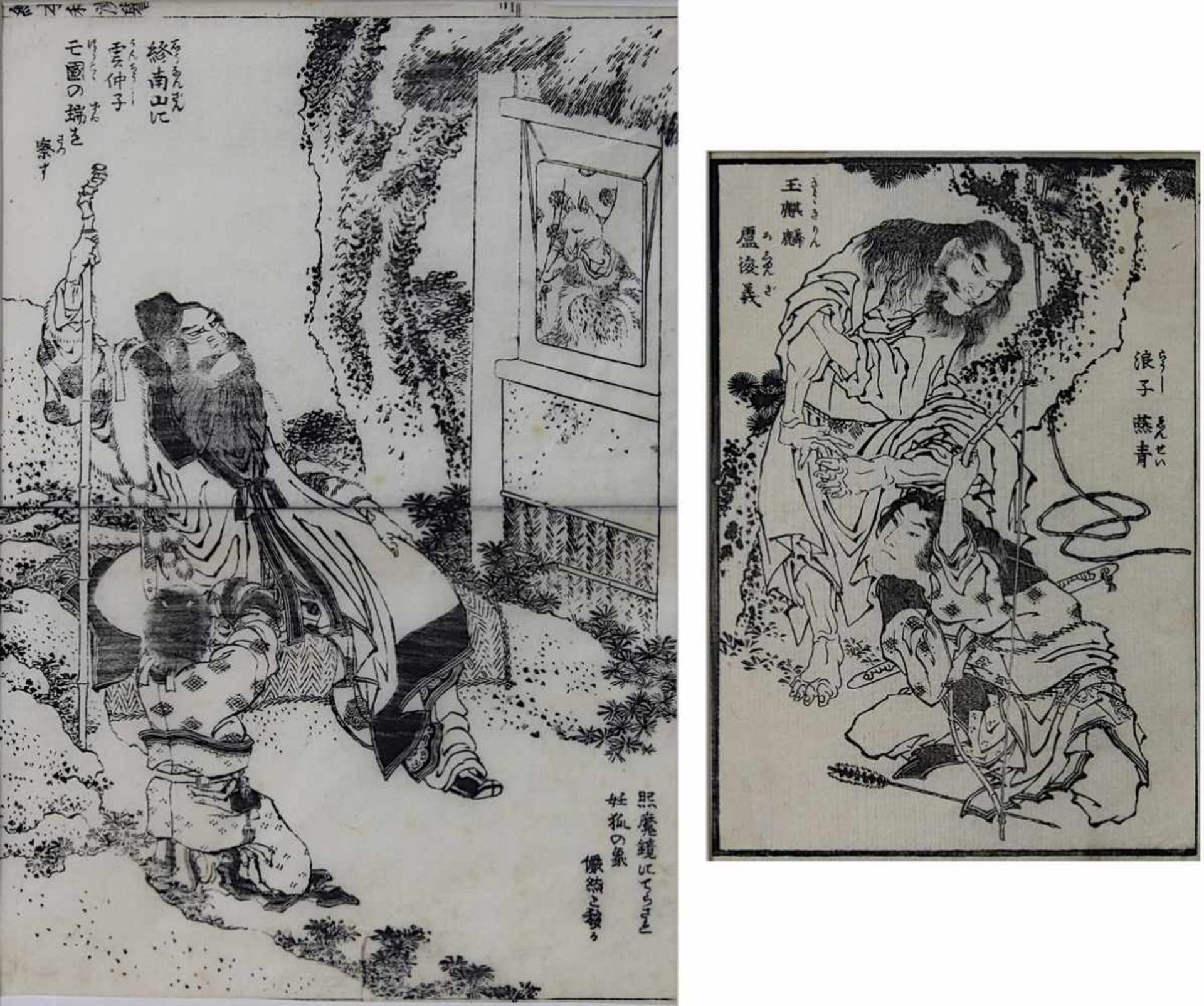 Hokusai, Katsushika (1760-1849), 2 Schwarzweiß-Holzschnitte, Buchillustrationen: eine aus Ehon wakan