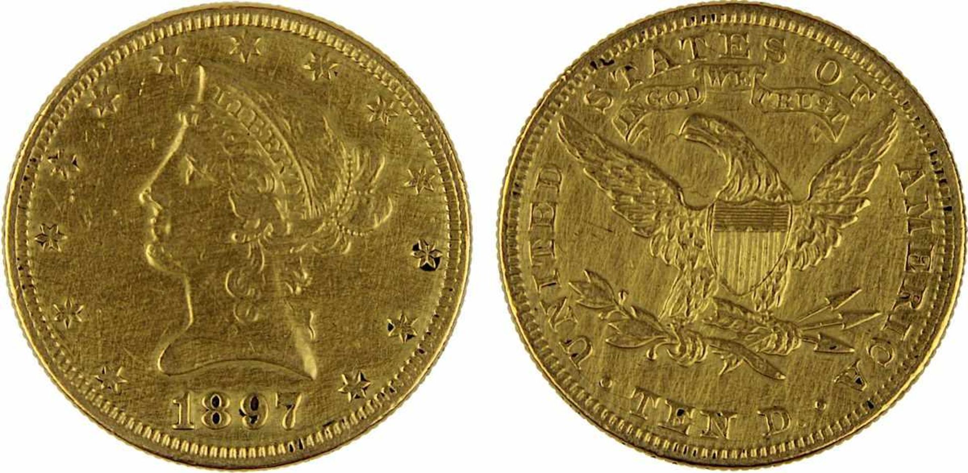 Goldmünze zu 10 Dollar, USA 1897, 900er Gold, 16,7 g, Coroned Head / Eagle, Erhaltung sehr schön -