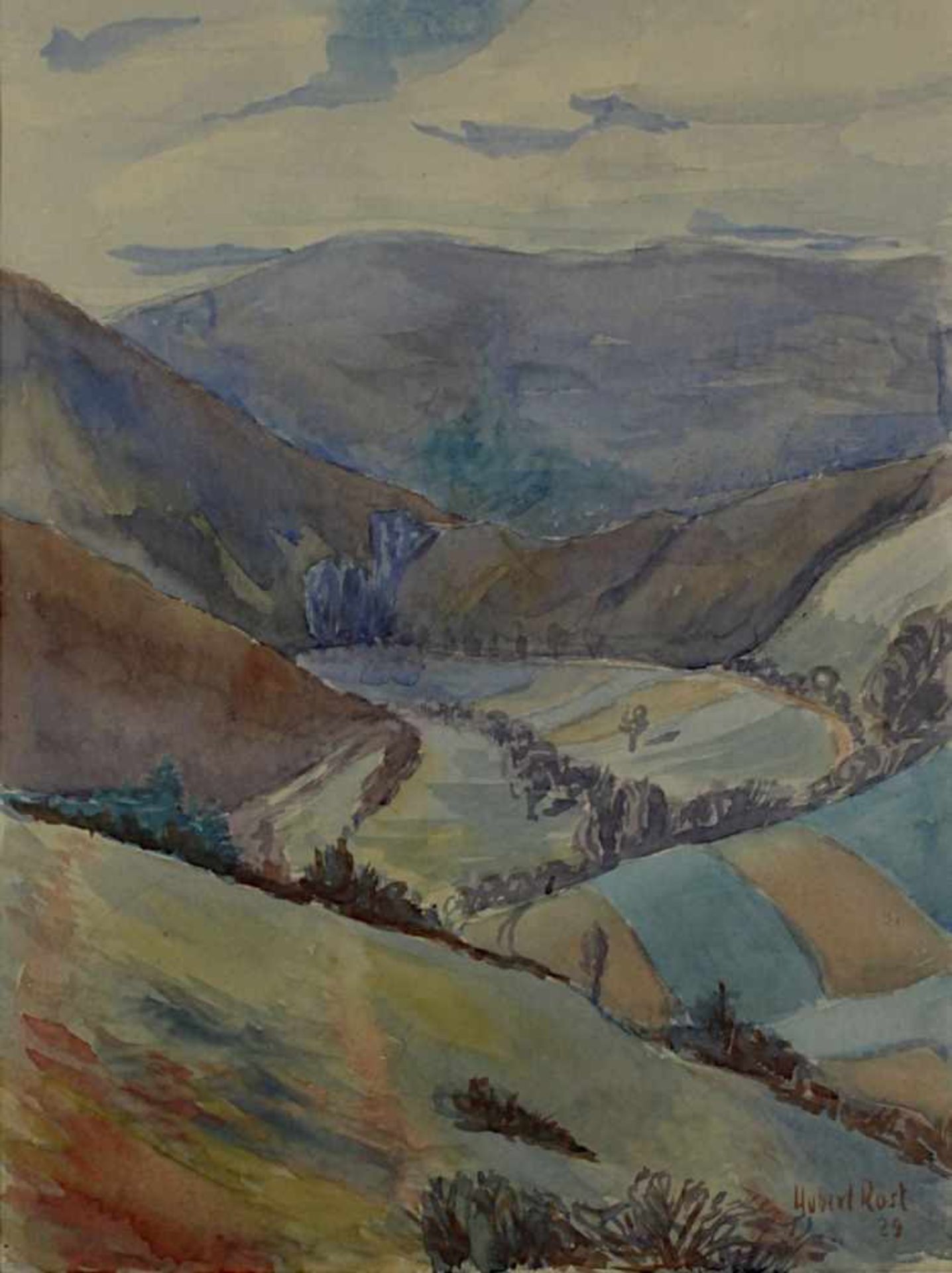 Rost, Hubert, wohl Pfälzer Künstler 20.Jh. Bergige Landschaft, Aquarell, rechts unt. signiert und - Image 2 of 2