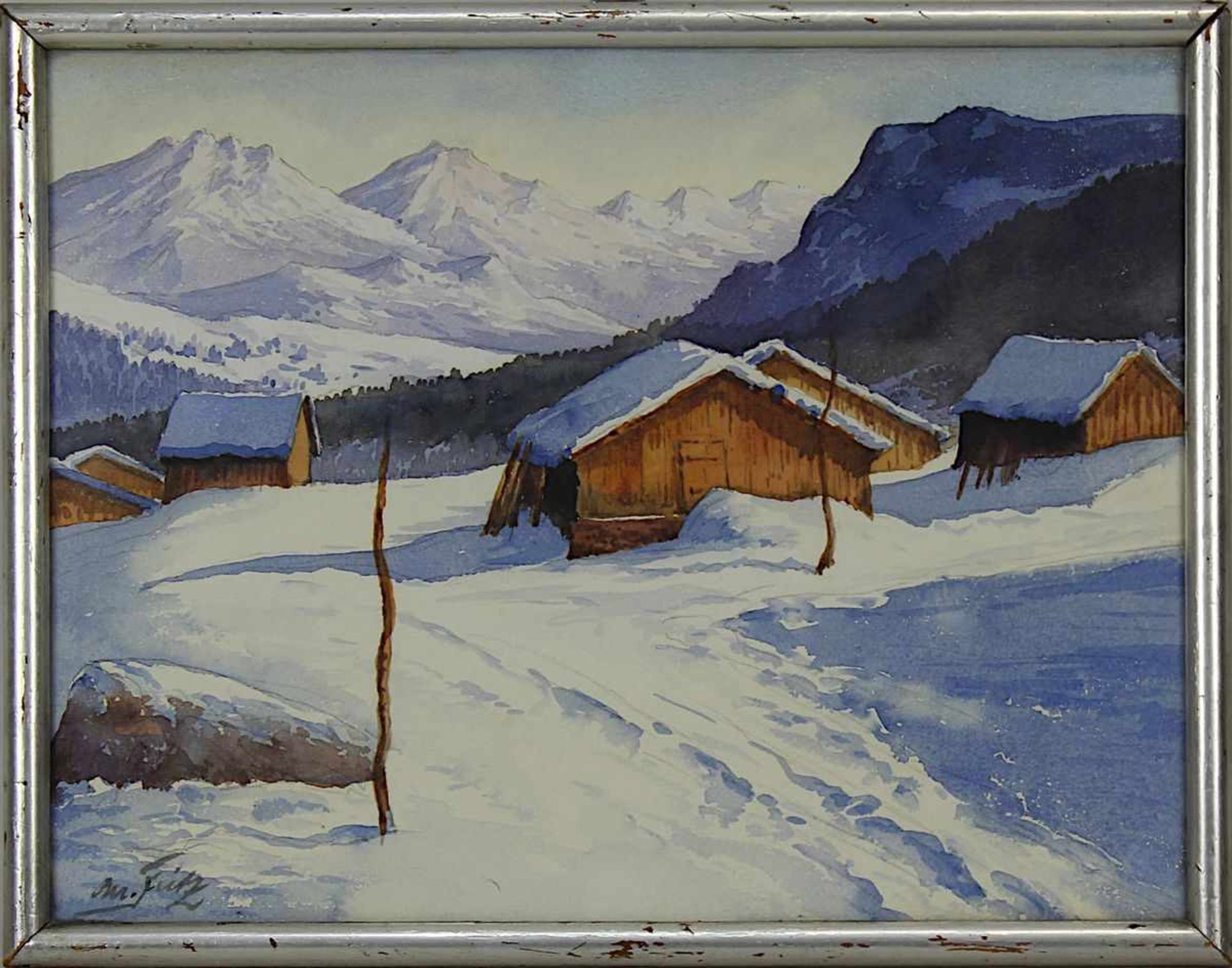 Fritz, M. (deutscher Aquarellist, 1.Drittel 20.Jh), Zwei alpine Winterlandschaften, Aquarell, - Bild 3 aus 3