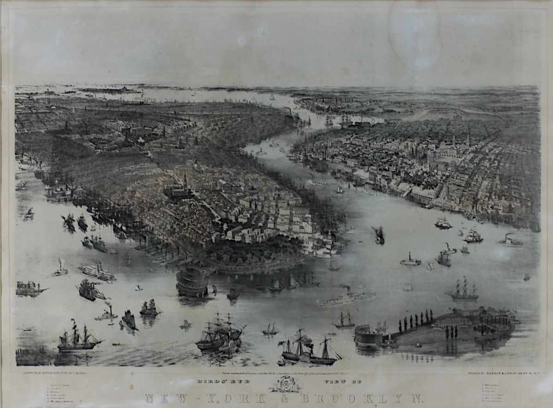 New York und Brooklyn, Blick aus der Vogelschau, Farblithographie von John Bachman um 1851, 56 x - Bild 2 aus 2