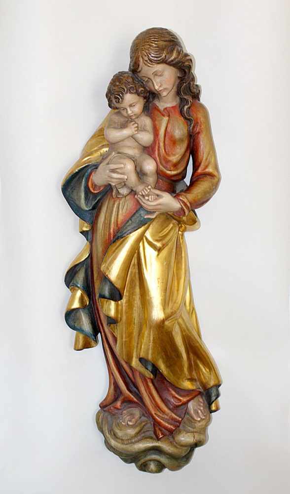 Marienfigur mit Jesusknaben, wohl Oberamergau, 2. H. 20. Jh., Holz geschnitzt und farbig gefasst,