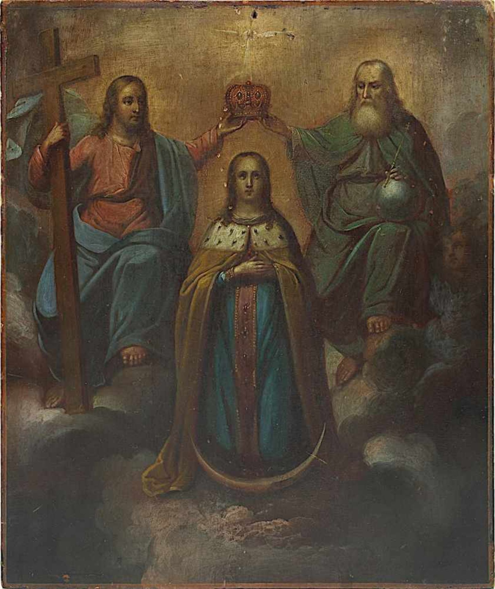 Ikone, Marienkrönung, Russland 2. H. 19. Jh., Tempera auf Holz, 31 x 26 cm, kleine Farbschäden,