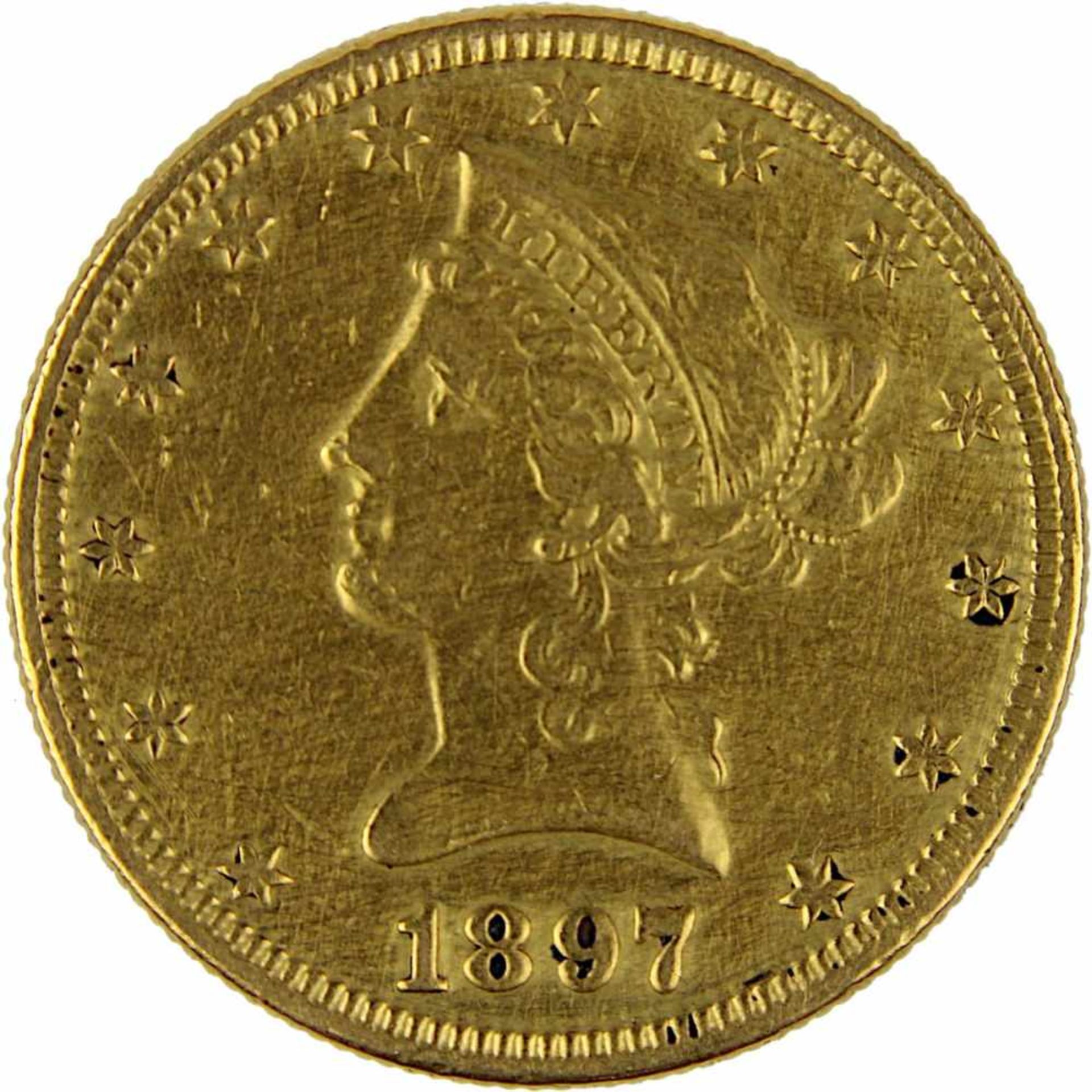 Goldmünze zu 10 Dollar, USA 1897, 900er Gold, 16,7 g, Coroned Head / Eagle, Erhaltung sehr schön - - Bild 3 aus 3