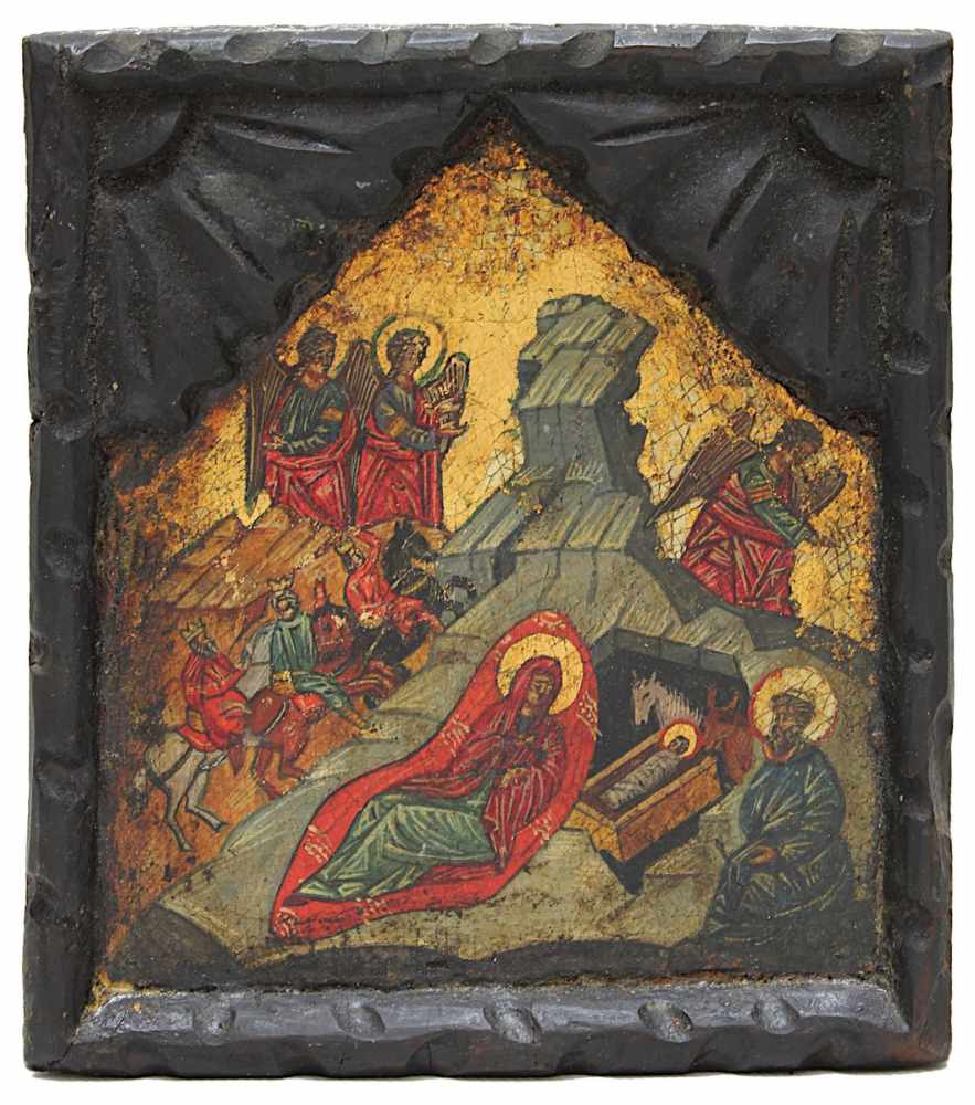 Ikone - Geburt Christi in der Geburtsgrotte, wohl griechisch, 18 Jh., Tempera auf Holz, vertieftes