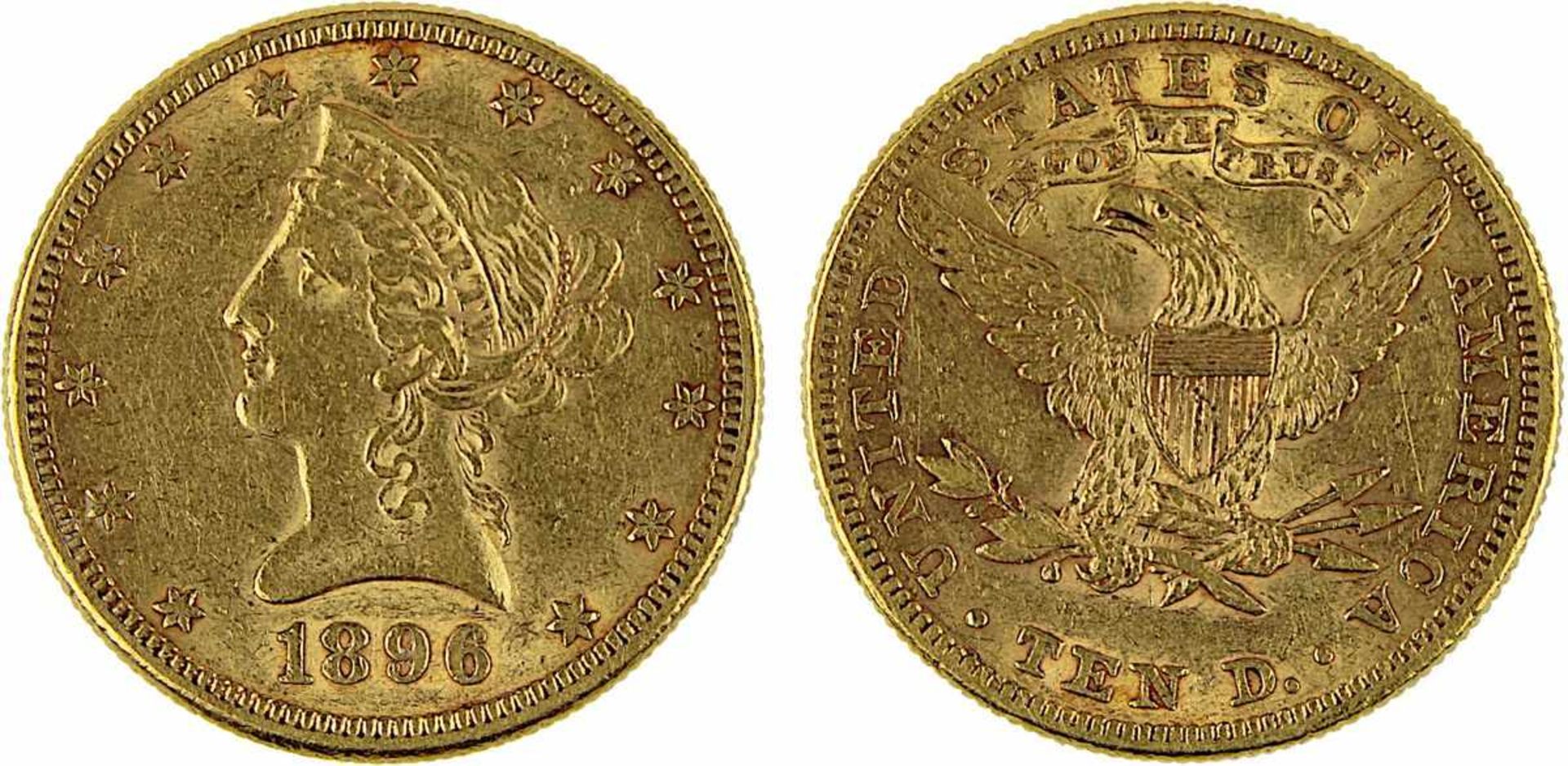 Goldmünze zu 10 Dollar, USA 1896, 900er Gold, 16,7 g, Coroned Head / Eagle, Erhaltung sehr schön -