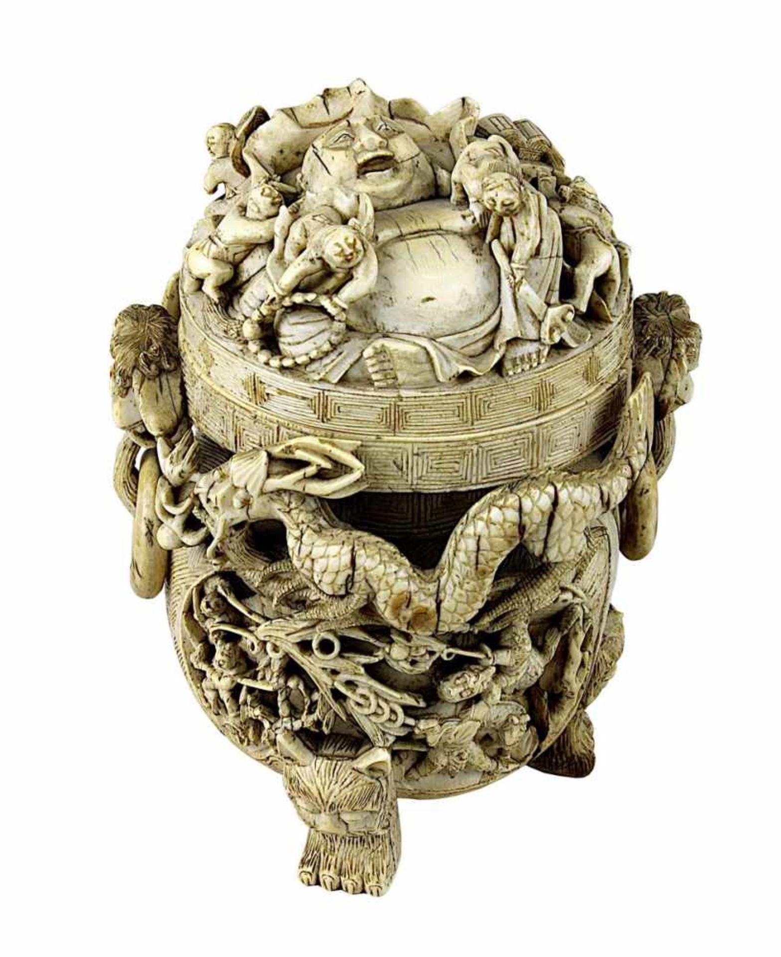 Chinesischer Koro mit Glücksbuddha, Elfenbein, 18./19. Jh., Korpus geschnitzt aus einem großen Stück