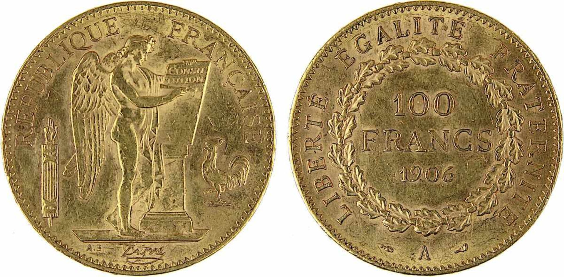 Goldmünze zu 100 Francs, Frankreich 1906, A für Paris, 900er Gold, 32,2 g, Erhaltung sehr schön,