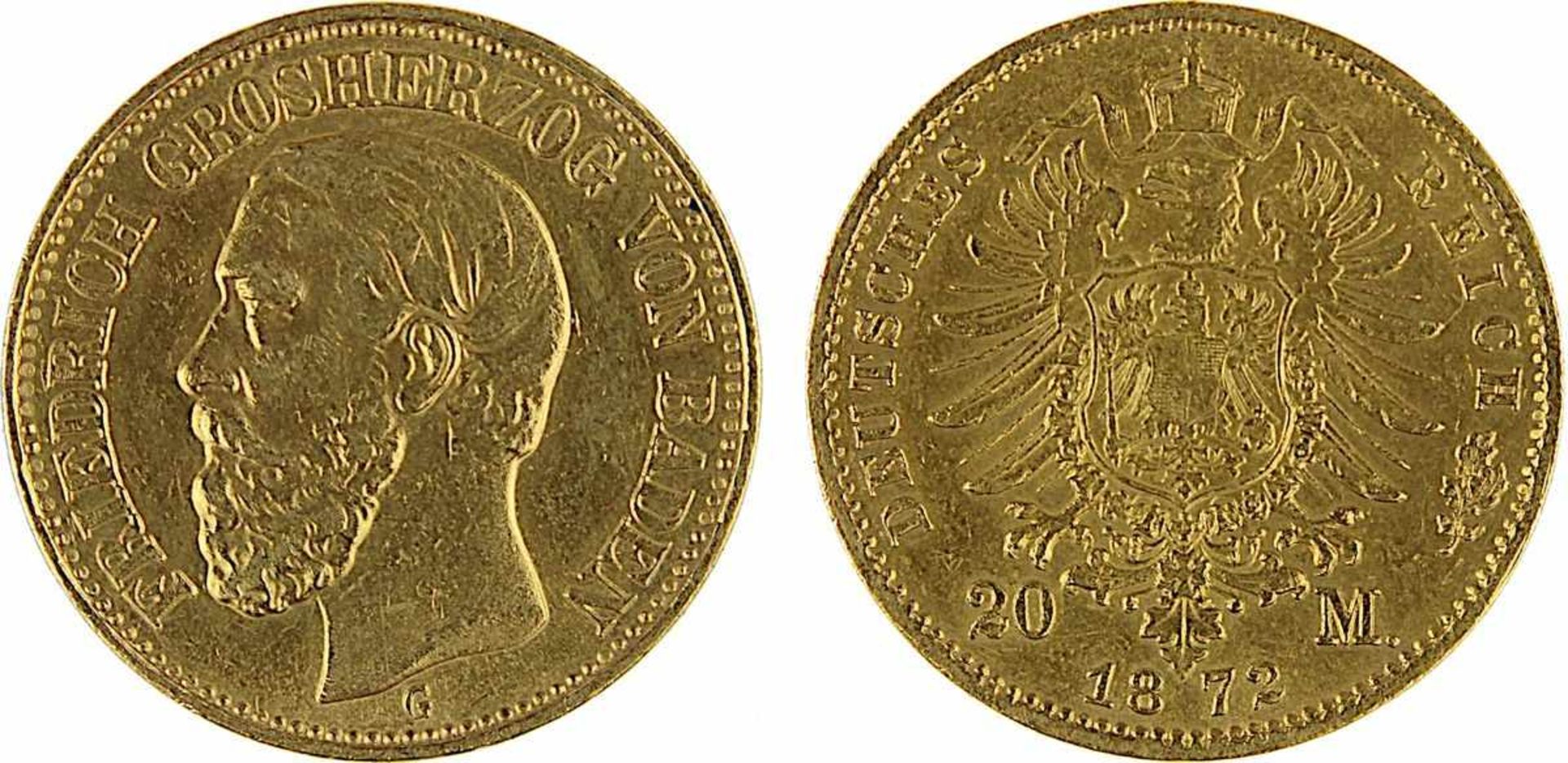 Goldmünze zu 20 Mark, Deutsches Reich - Baden 1872, G für Karlsruhe, 900er Gold, 7,9 g, Friedrich