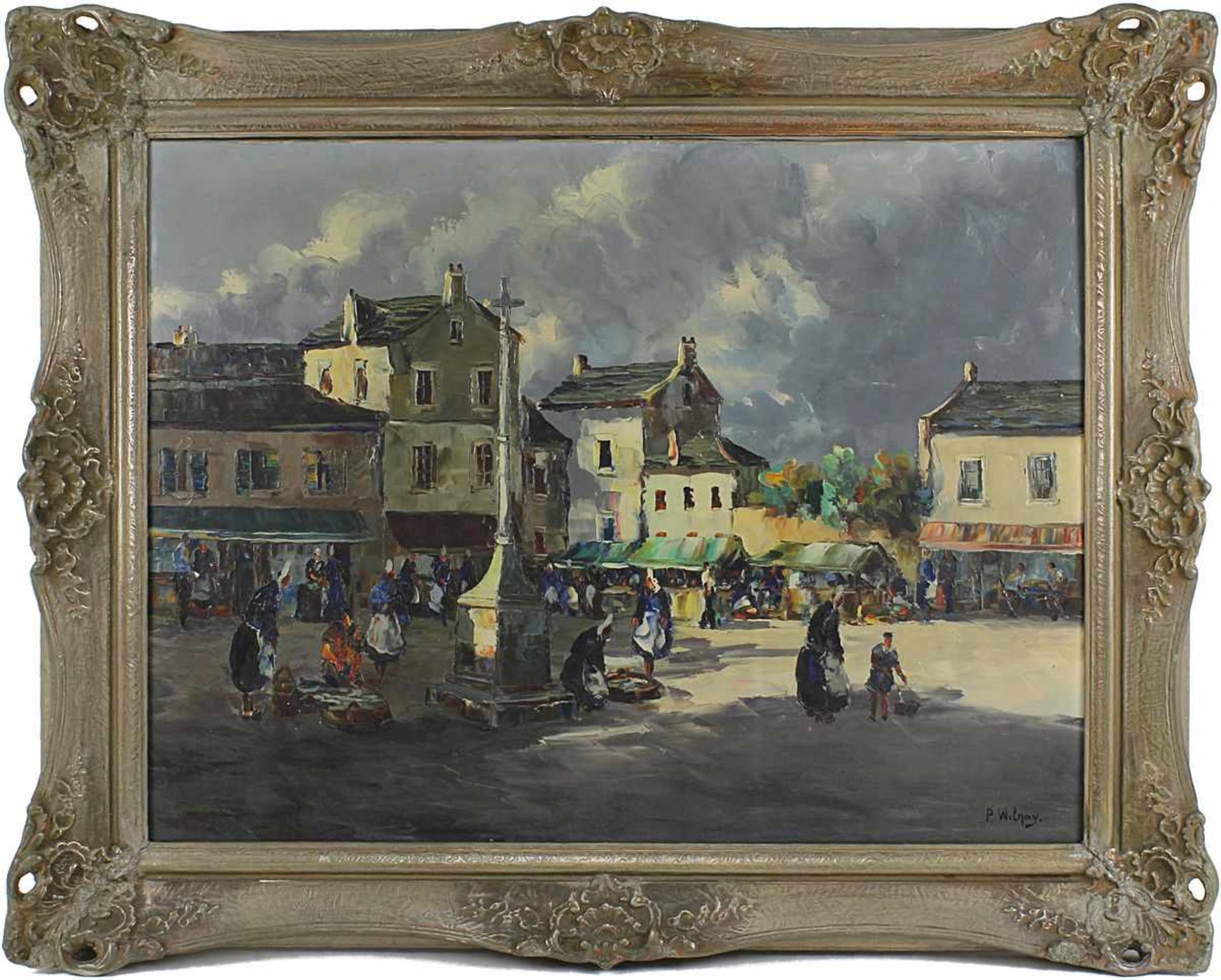 Wilnay, P. (Maler 20. Jh.), Marktplatz wohl einer bretonischen Kleinstadt, Öl auf Leinwand, rechts