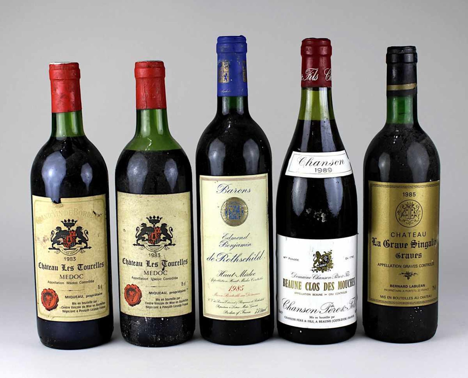 5 Flaschen Bordeaux u. Bourgogne 1980er Jahre, 2 x 1983 Château Les Tourelles, Medoc, Miqueau Prop.;