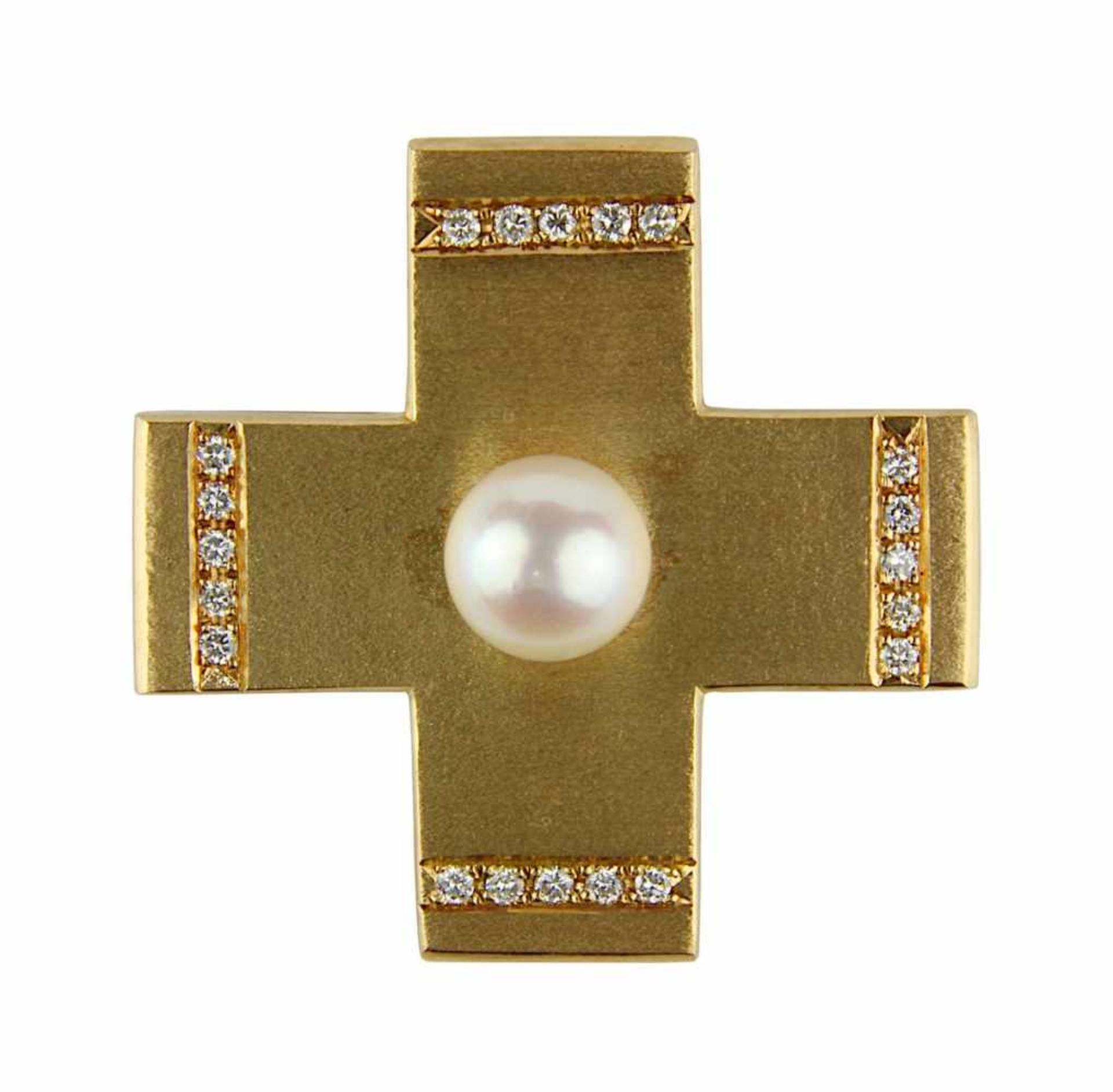 Gelbgoldkreuz mit Perle und Brillianten, handgearbeitetes Kreuz aus 585er Gelbgold, Oberfläche