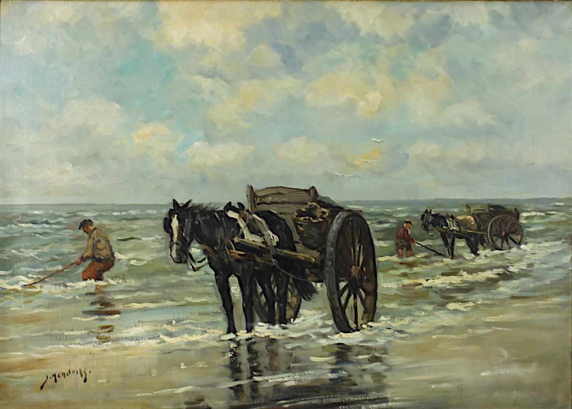 Hendricks, J. (Marinemaler, 1.Drittel 20.Jh.), Muschelsammler mit Pferdekarren an der Küste, Öl/Lwd, - Bild 2 aus 2