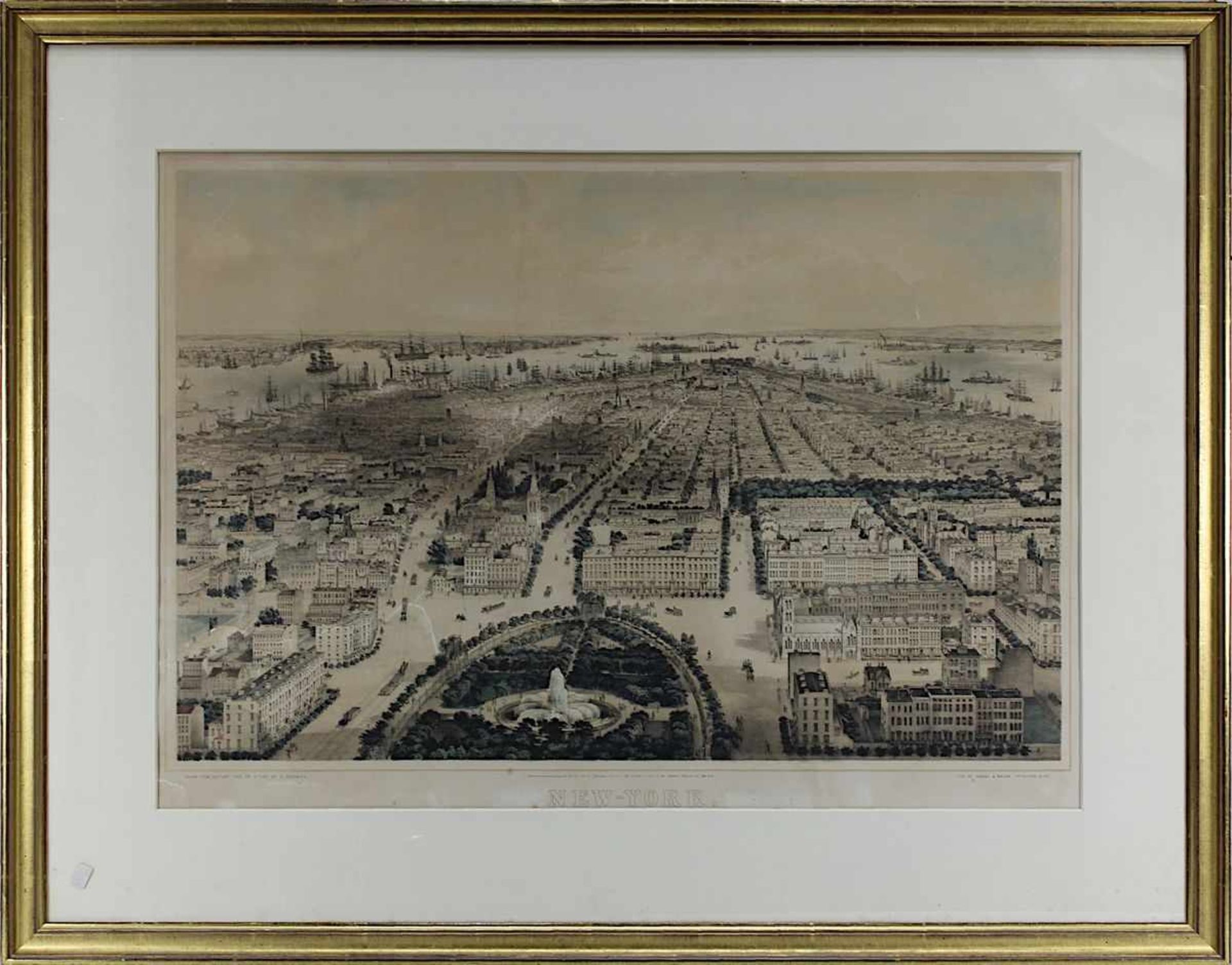 New York, Vogelschau von John Bachman, Farblithographie um 1842, bei Sarony &Major, New York, 49 x